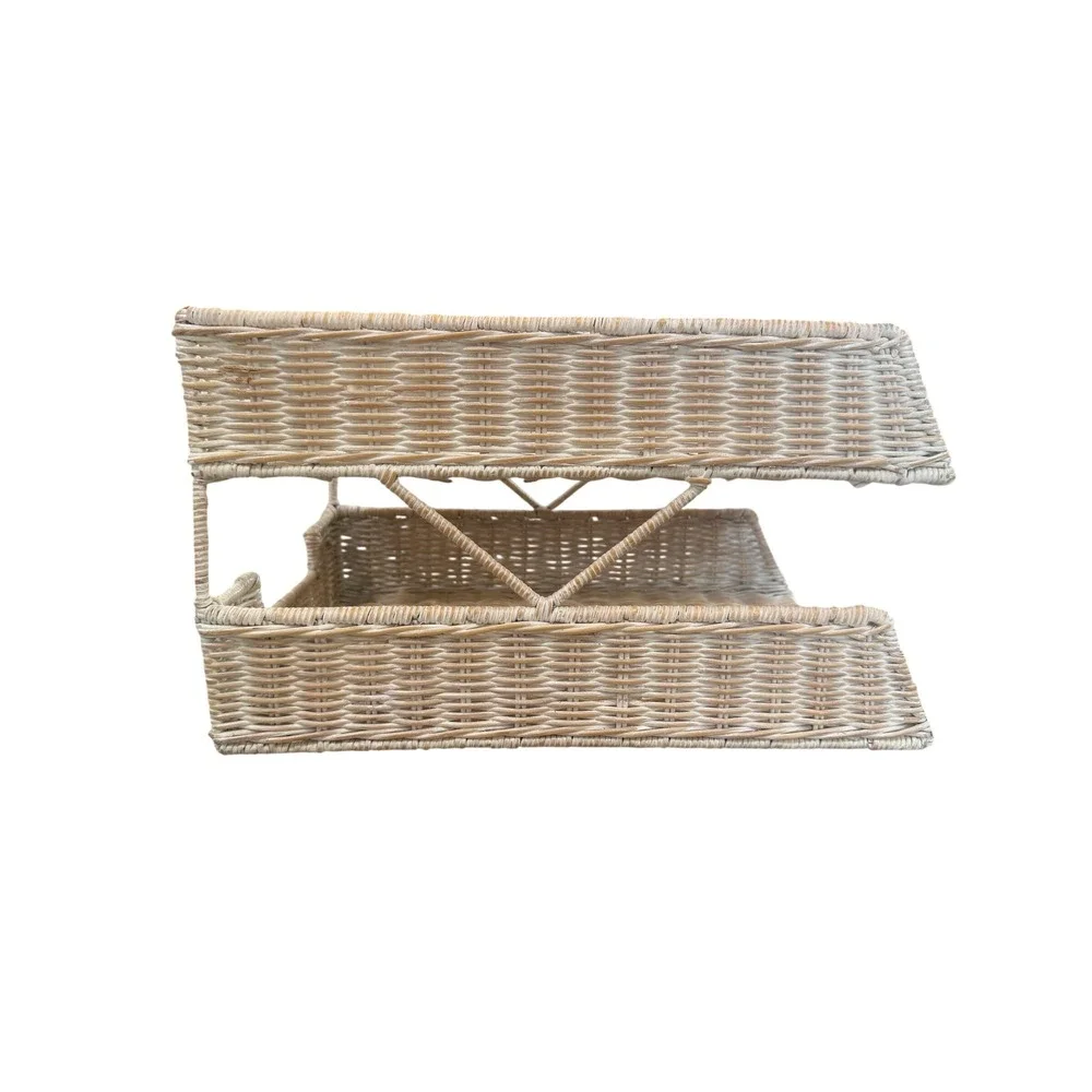 Wicker 2 Tier Letter Tray Desk Paper Organizer Whitewash Coastal Cottage Decor